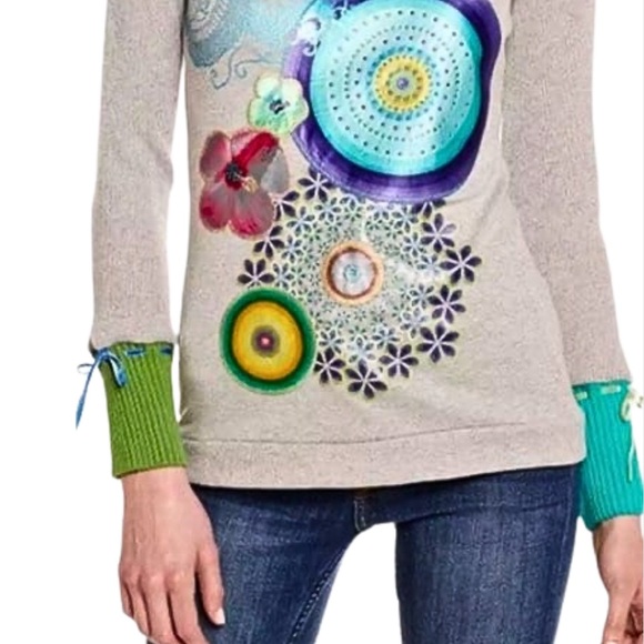 Desigual Vintage Y2K Floral Metallic Embroidered Sweater Sz. Medium - Picture 3 of 11